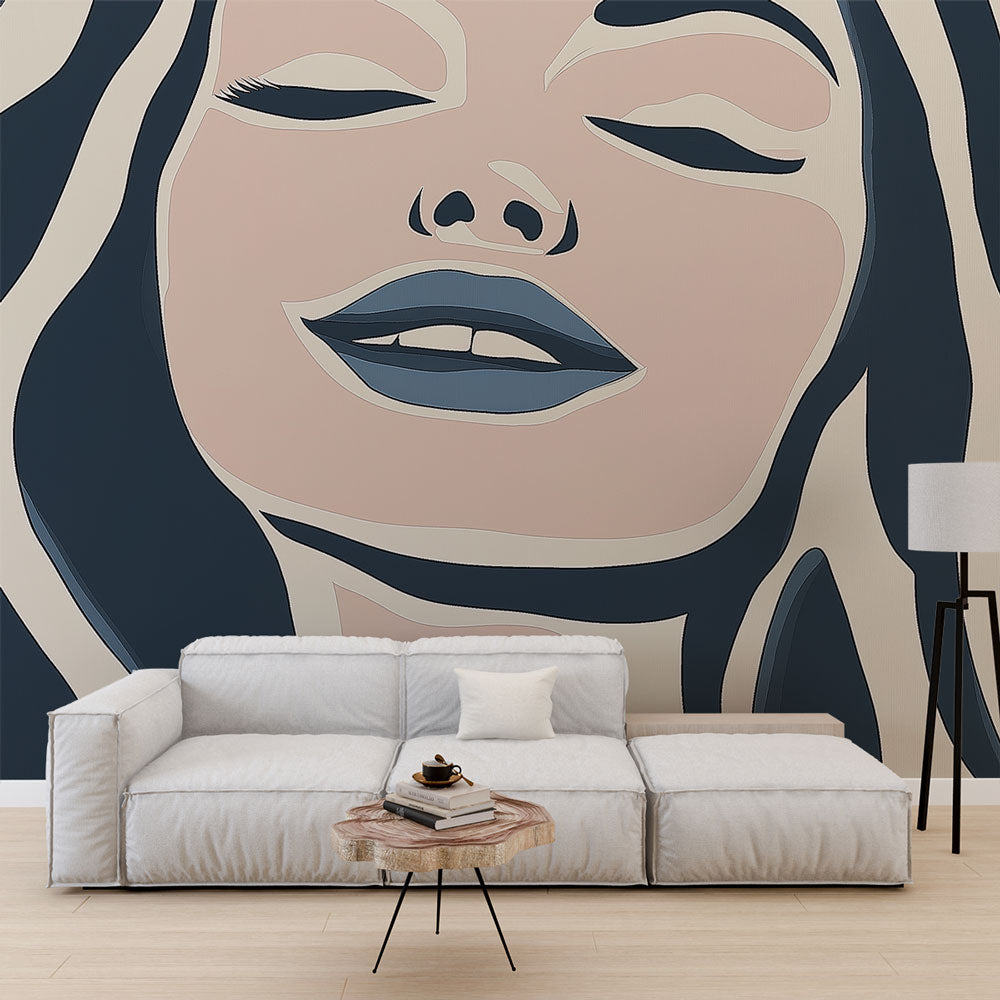 Modern abstract face line art mural wallpaper styled in a bright minimalist living room with white sofa and plants