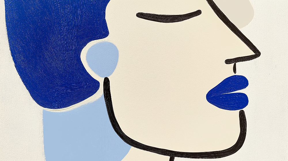 Abstract face line art wallpaper design file showing clean black lines and blue accents on beige background