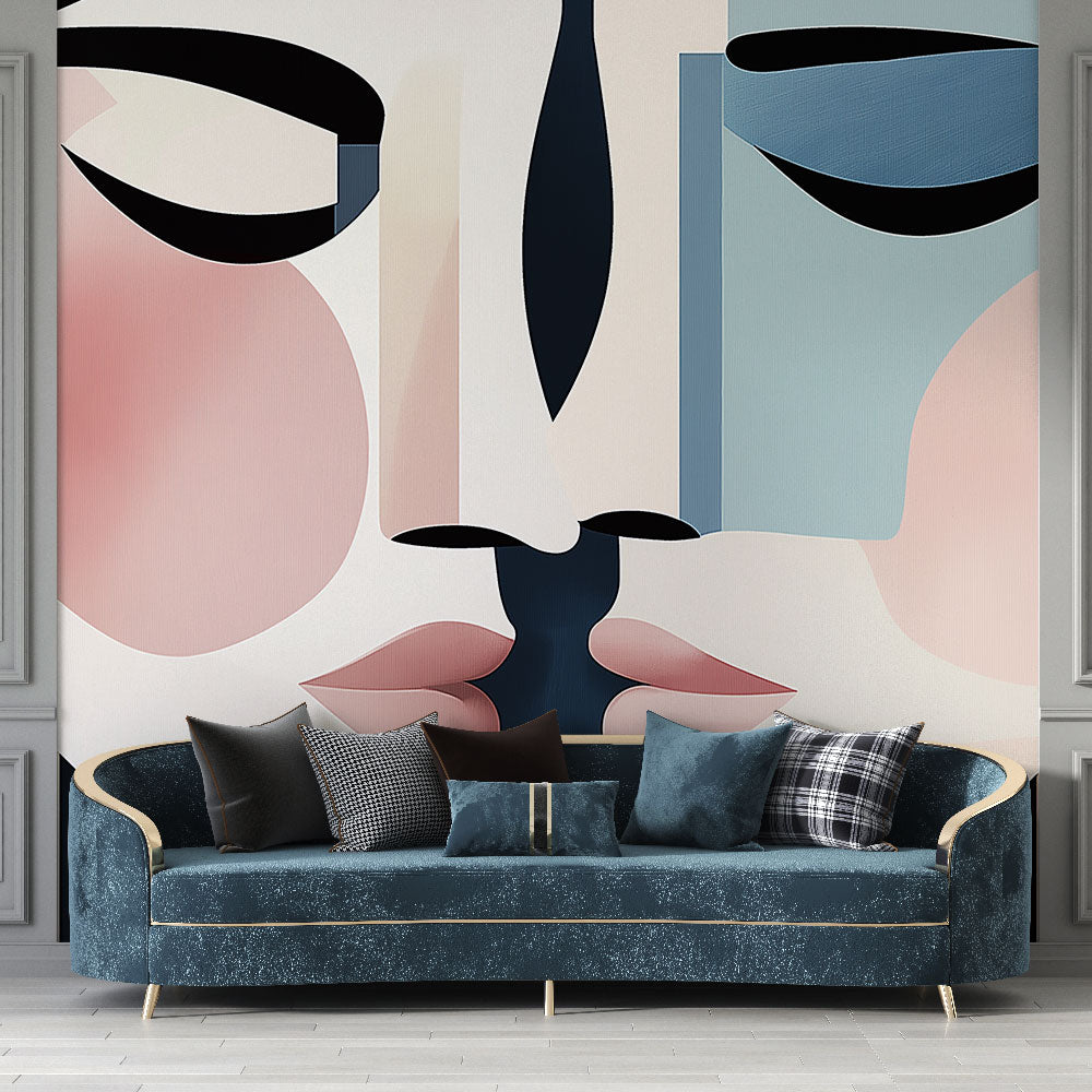 Modern abstract face wallpaper in pink and blue tones creating a striking focal point in a minimalist living room