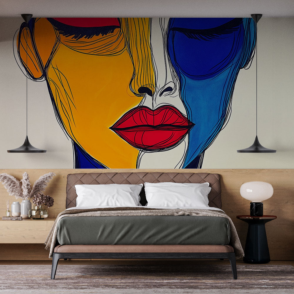 Modern abstract face wallpaper bringing bold pop art style to a contemporary living room with minimal furniture