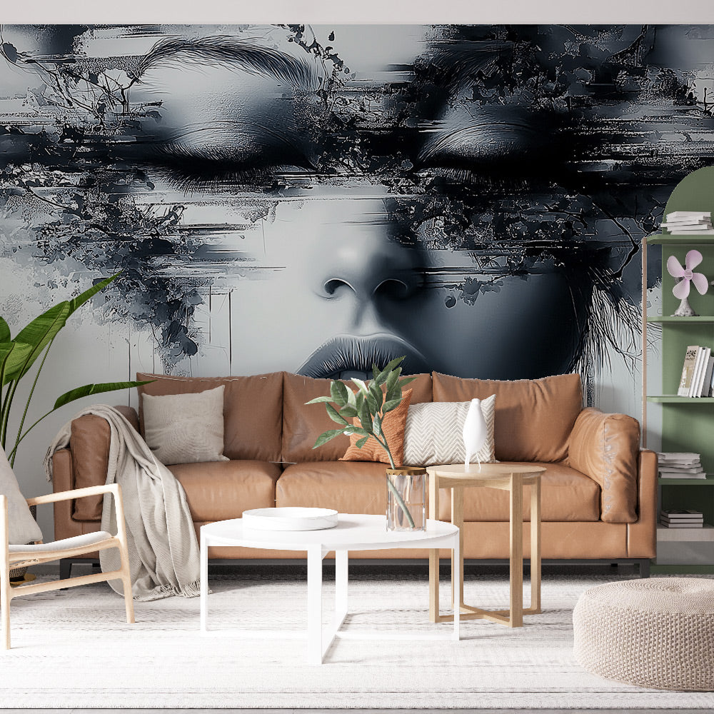 Modern Abstract Portrait Wallpaper creating dramatic impact in a minimalist living room with clean lines and natural light