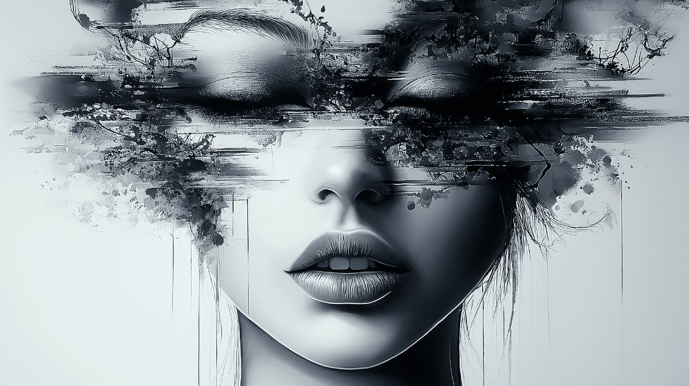 Abstract Portrait Wallpaper design file showing detailed monochrome facial features and artistic brush strokes