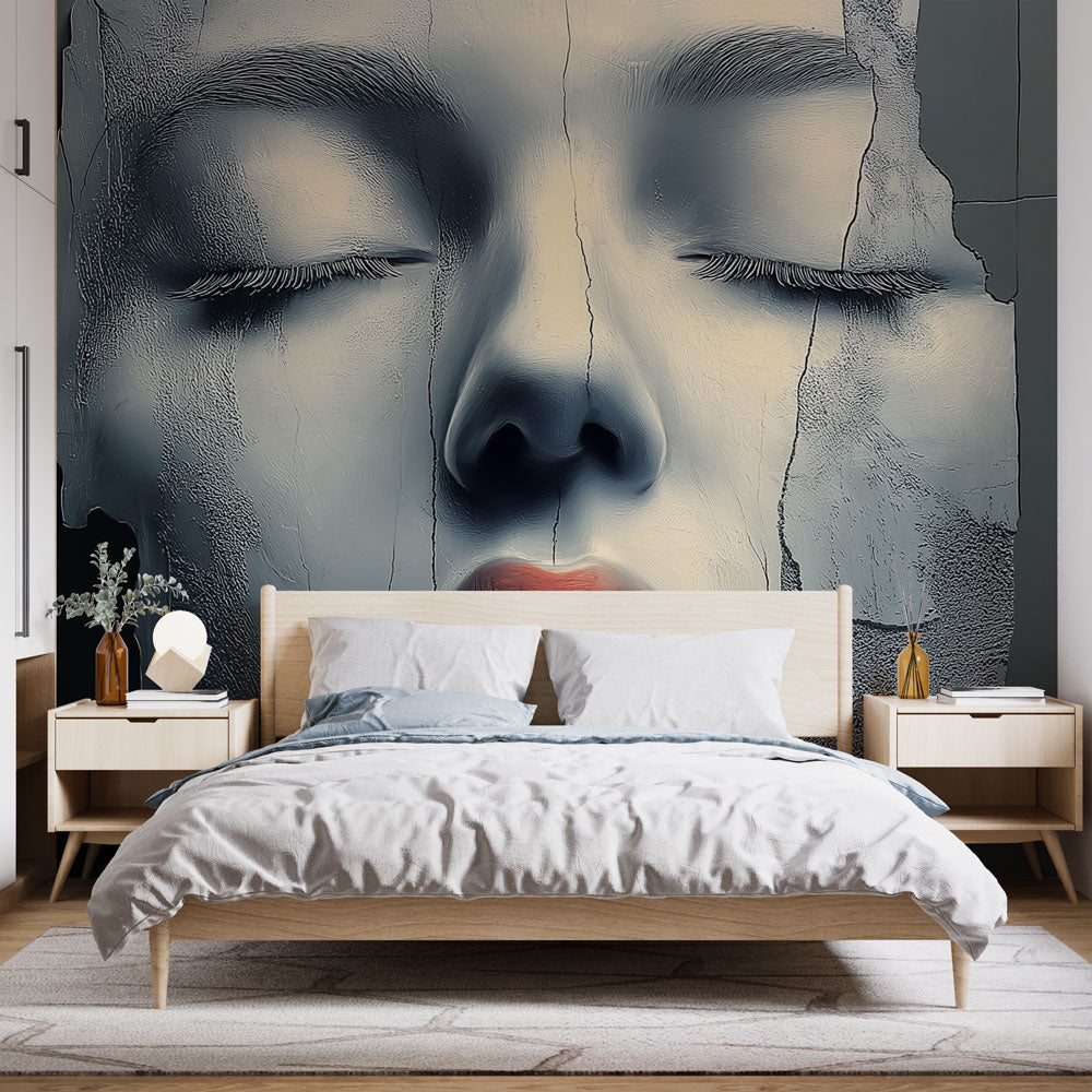 Abstract face mural wallpaper creating a dramatic statement in a minimalist living room with modern furniture