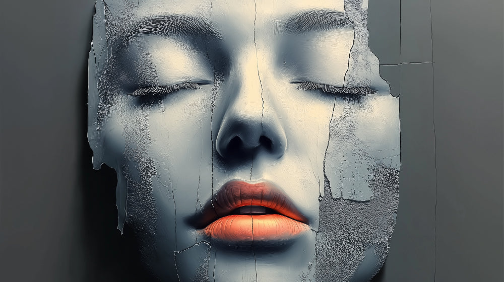 Abstract portrait wallpaper design file showing detailed monochrome face with coral lips artwork