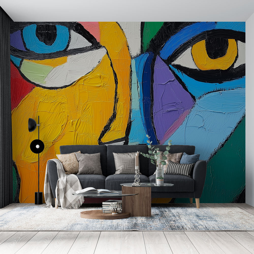 Abstract Face Mural Wallpaper bringing modern art style to a bright living room with minimal furniture