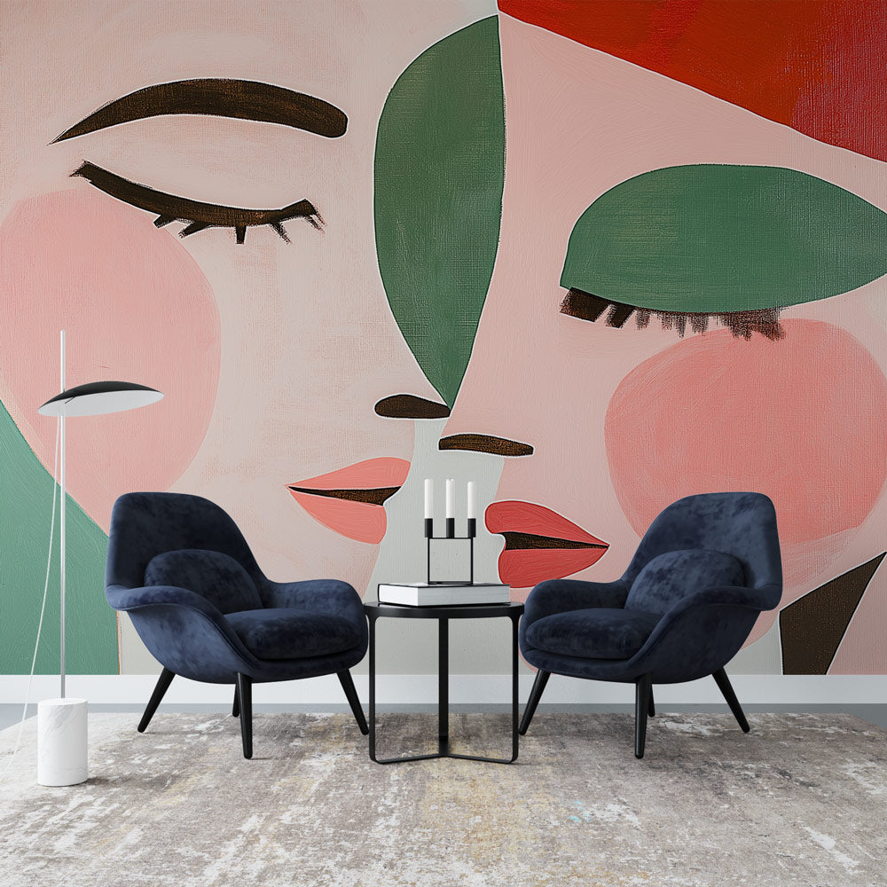 Modern Abstract Face Wallpaper creating an artistic statement wall in a bright, contemporary living room setting