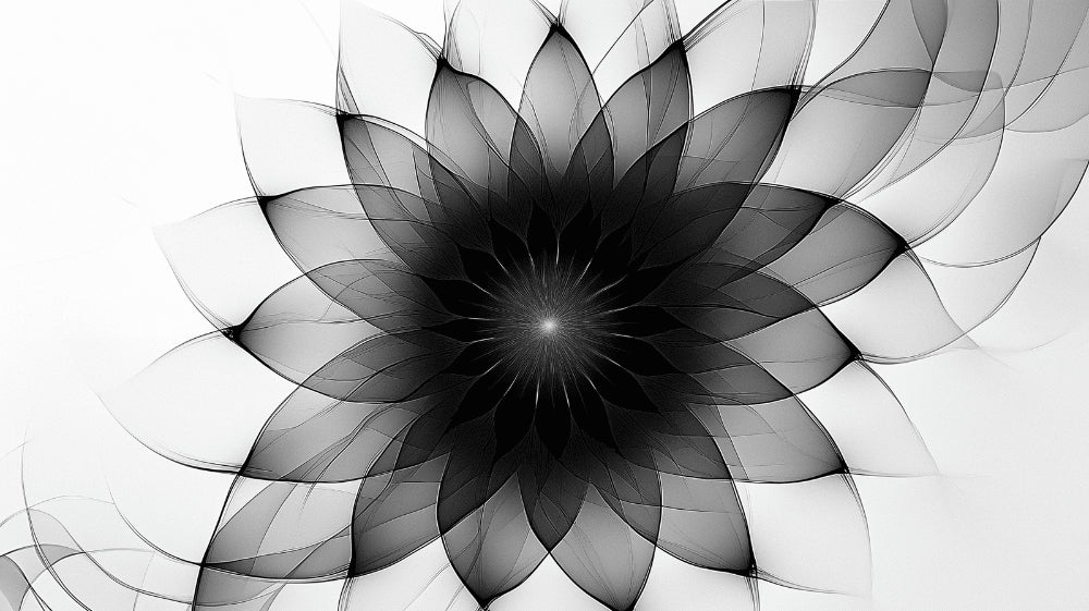 Abstract floral wallpaper design file showing detailed black and white geometric bloom pattern