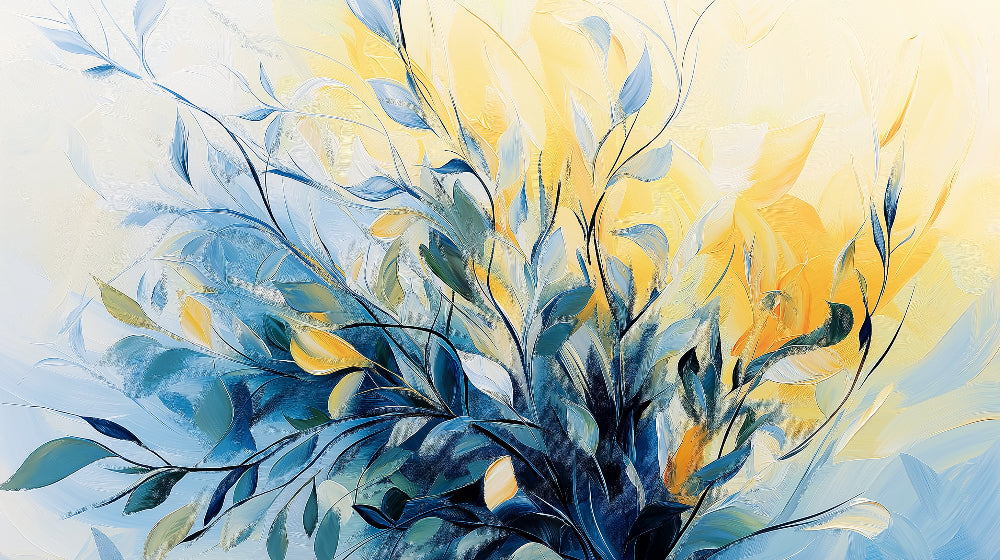 Blue and yellow artistic leaves design file showing the complete floral pattern with flowing botanical elements