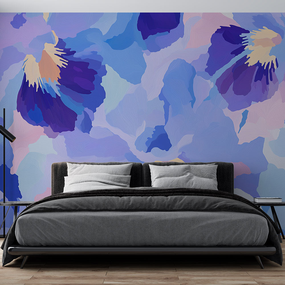 Purple and blue abstract floral wallpaper creating a peaceful atmosphere in a modern living room with natural light