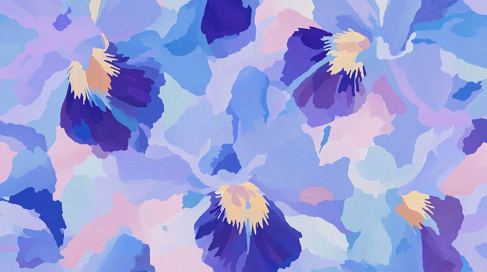 Abstract floral wallpaper design file showing detailed purple and blue watercolor blooms pattern