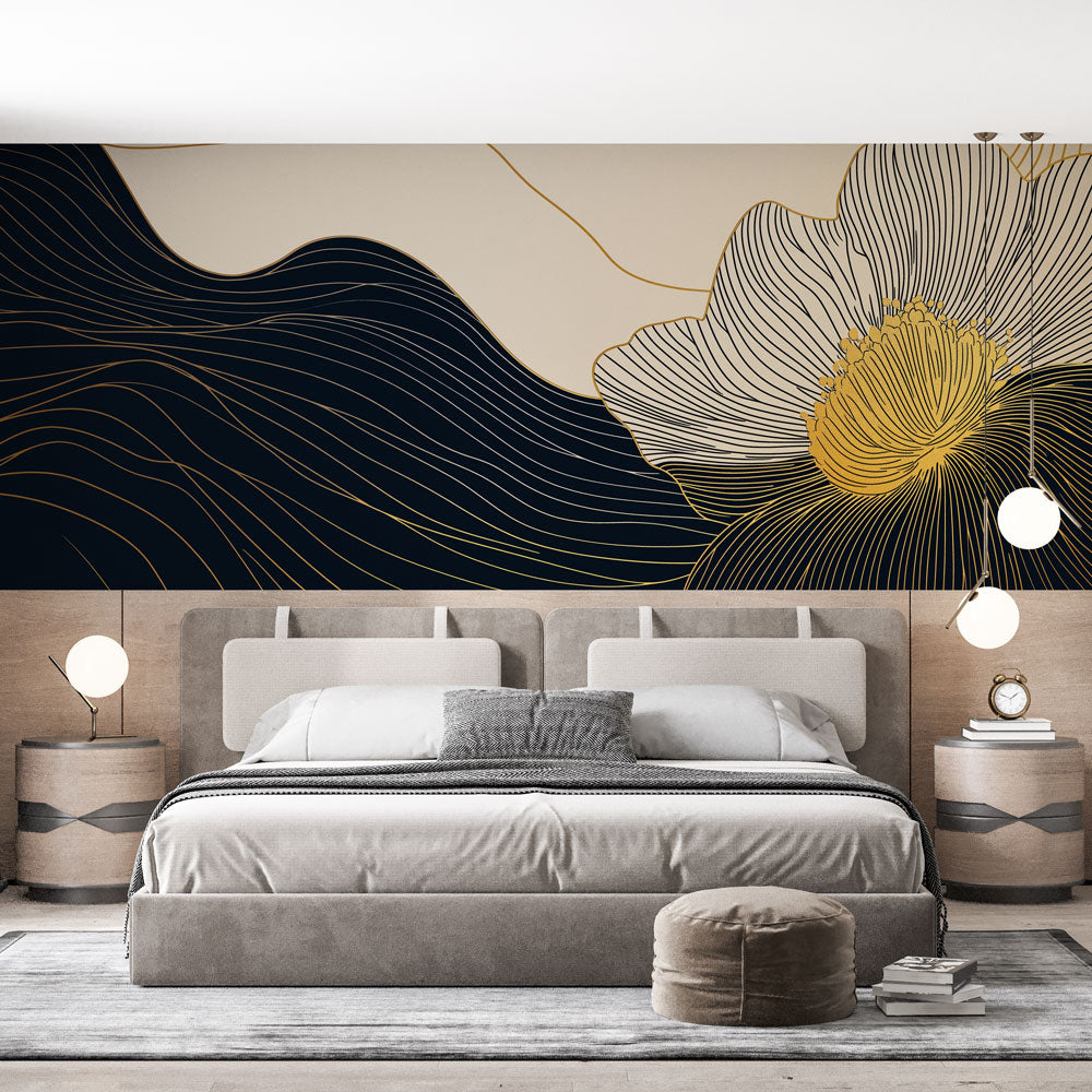 Modern floral line art wallpaper with gold accents creating drama in a minimalist living room setting