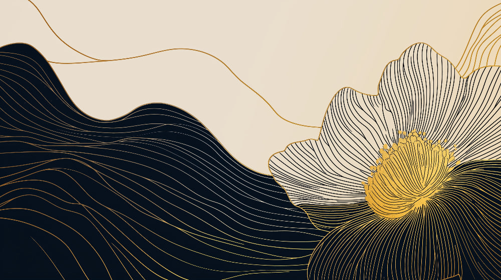 Black and gold abstract floral design file showing intricate line art pattern and golden highlights