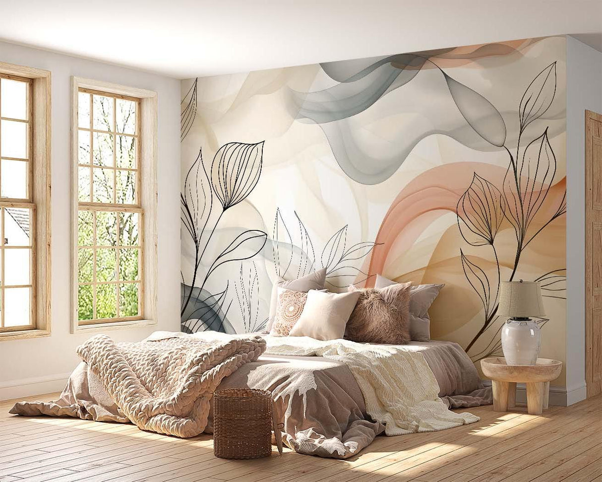 Abstract floral line art wallpaper bringing modern style to a bright living room setting