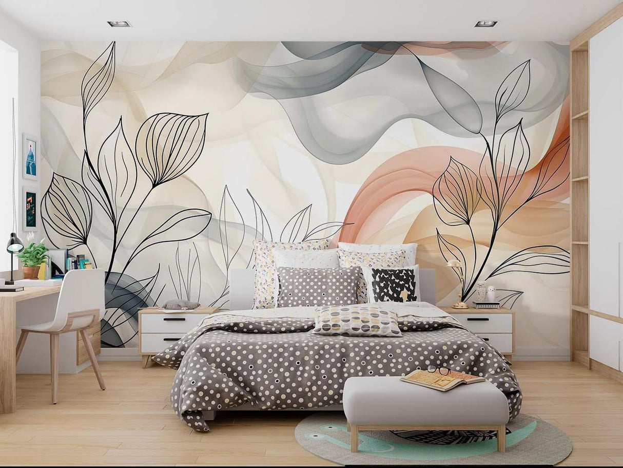 Modern botanical wall mural creating a peaceful home office atmosphere