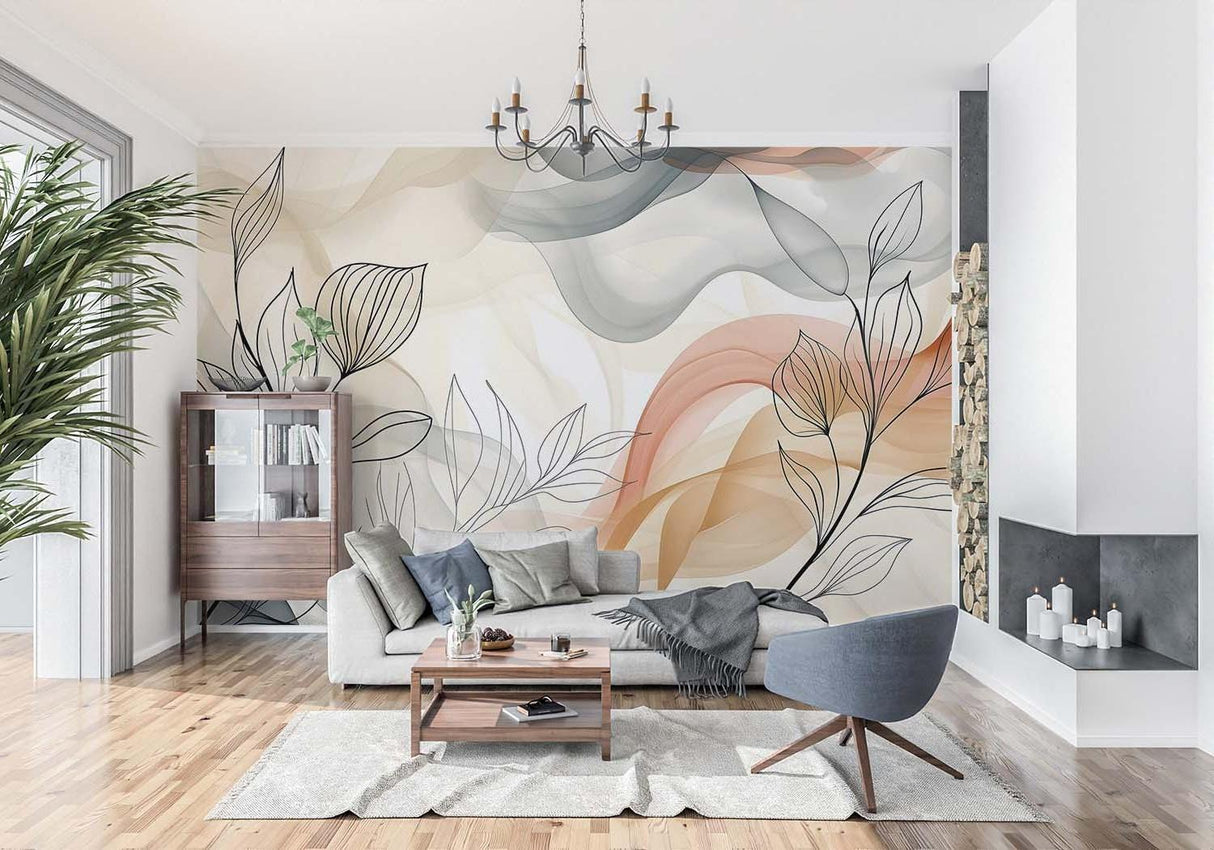 Line art floral wallpaper adding soft elegance to a bedroom wall