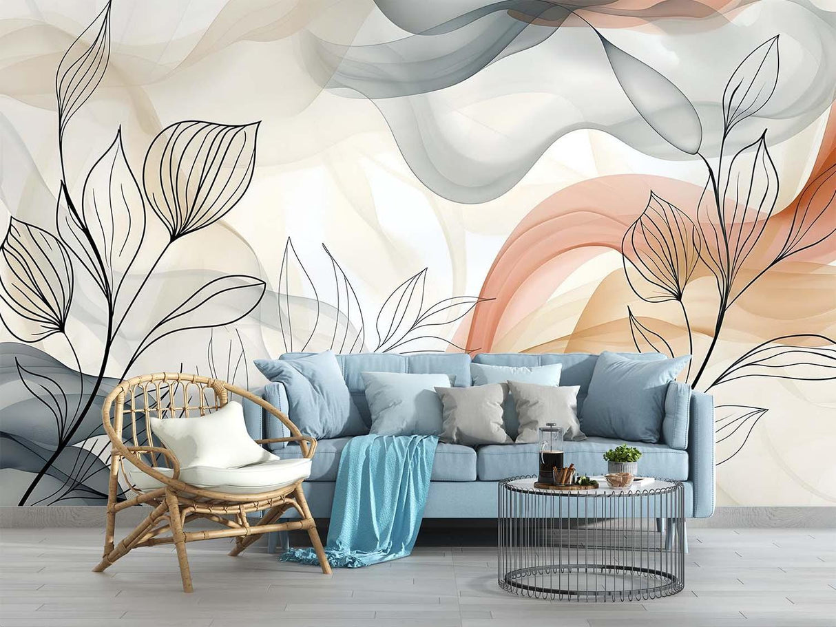 Abstract wall mural with peach and sage tones in a dining room setting