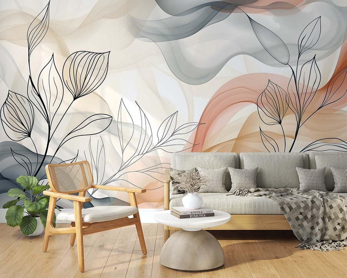 Minimalist floral line art wallpaper enhancing a modern entryway