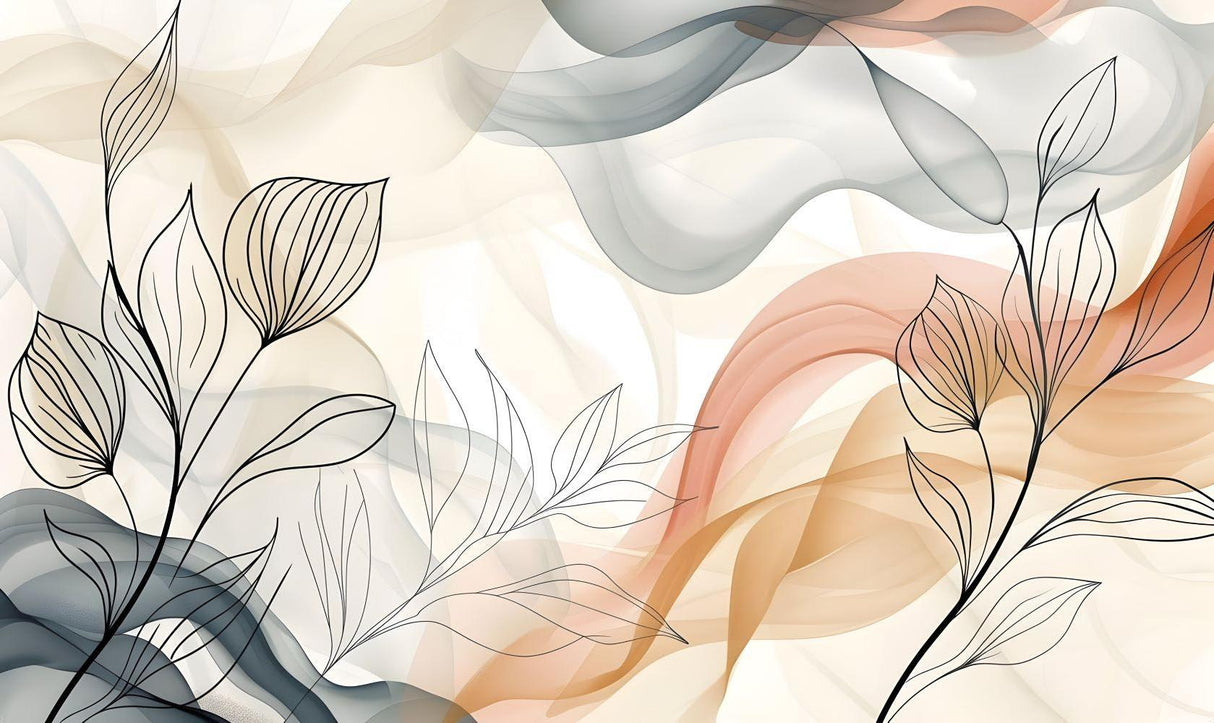 Design file showing delicate line art floral pattern with soft watercolor waves