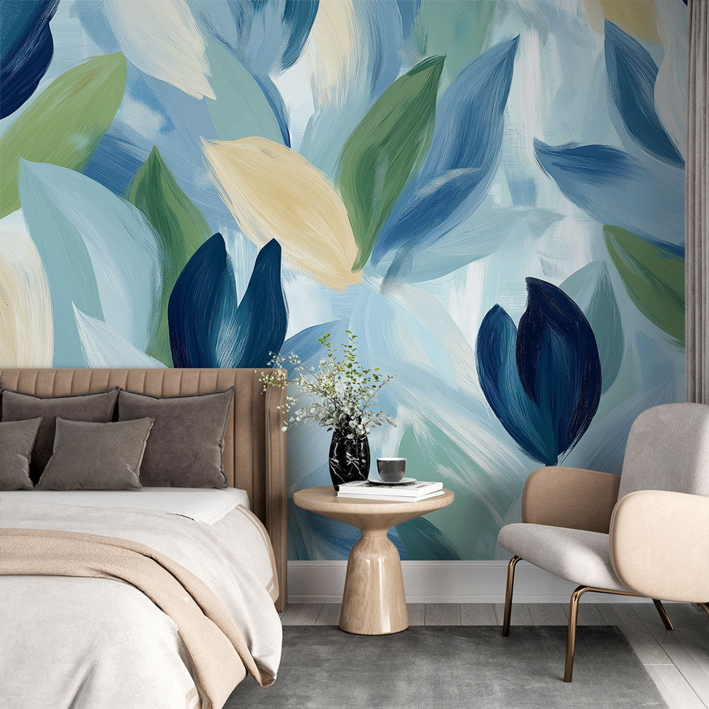 Modern abstract floral wallpaper in a bright living room, showing blue and green leaf patterns creating a fresh atmosphere