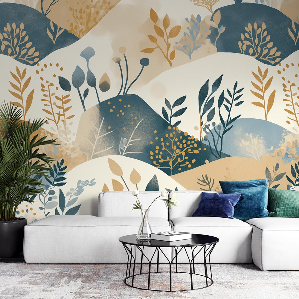 Modern Abstract Floral Wallpaper creating a peaceful atmosphere in a bright living room with minimalist furniture