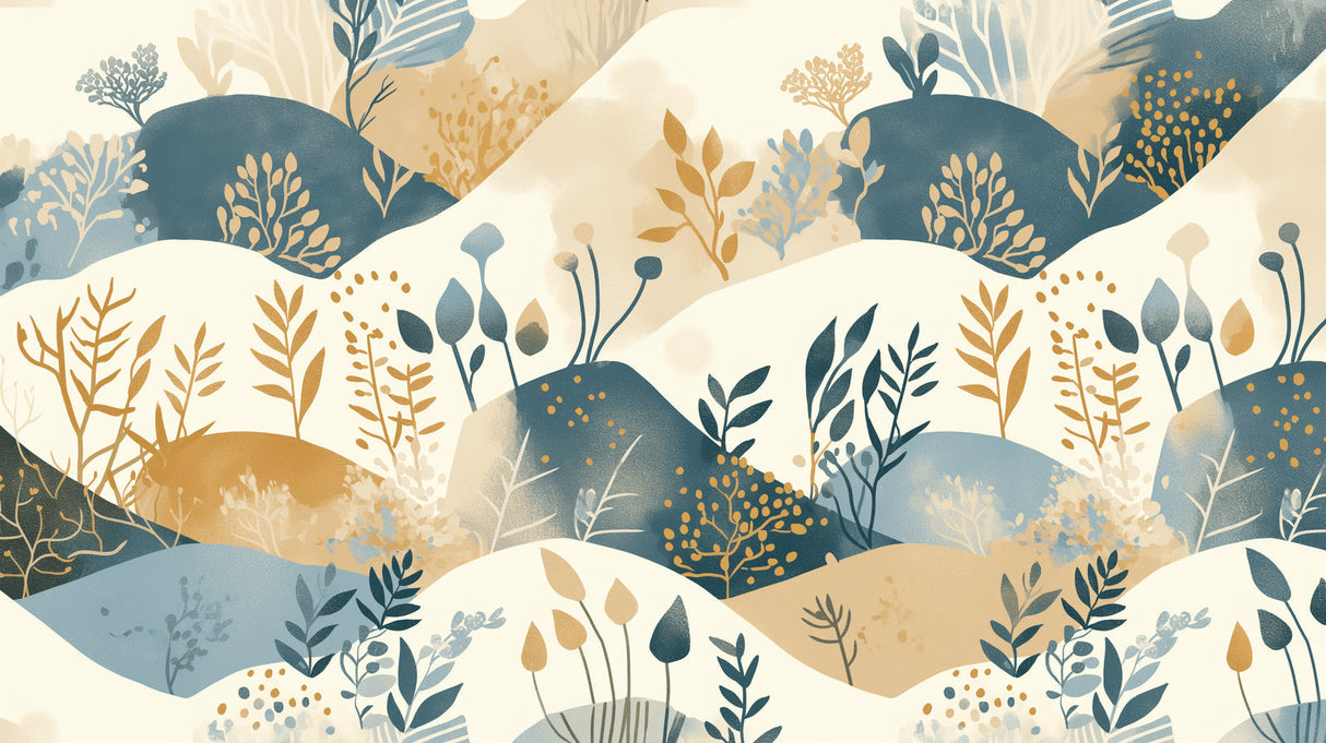 Abstract Floral Wallpaper design file showing flowing botanical patterns in teal-blue and warm beige