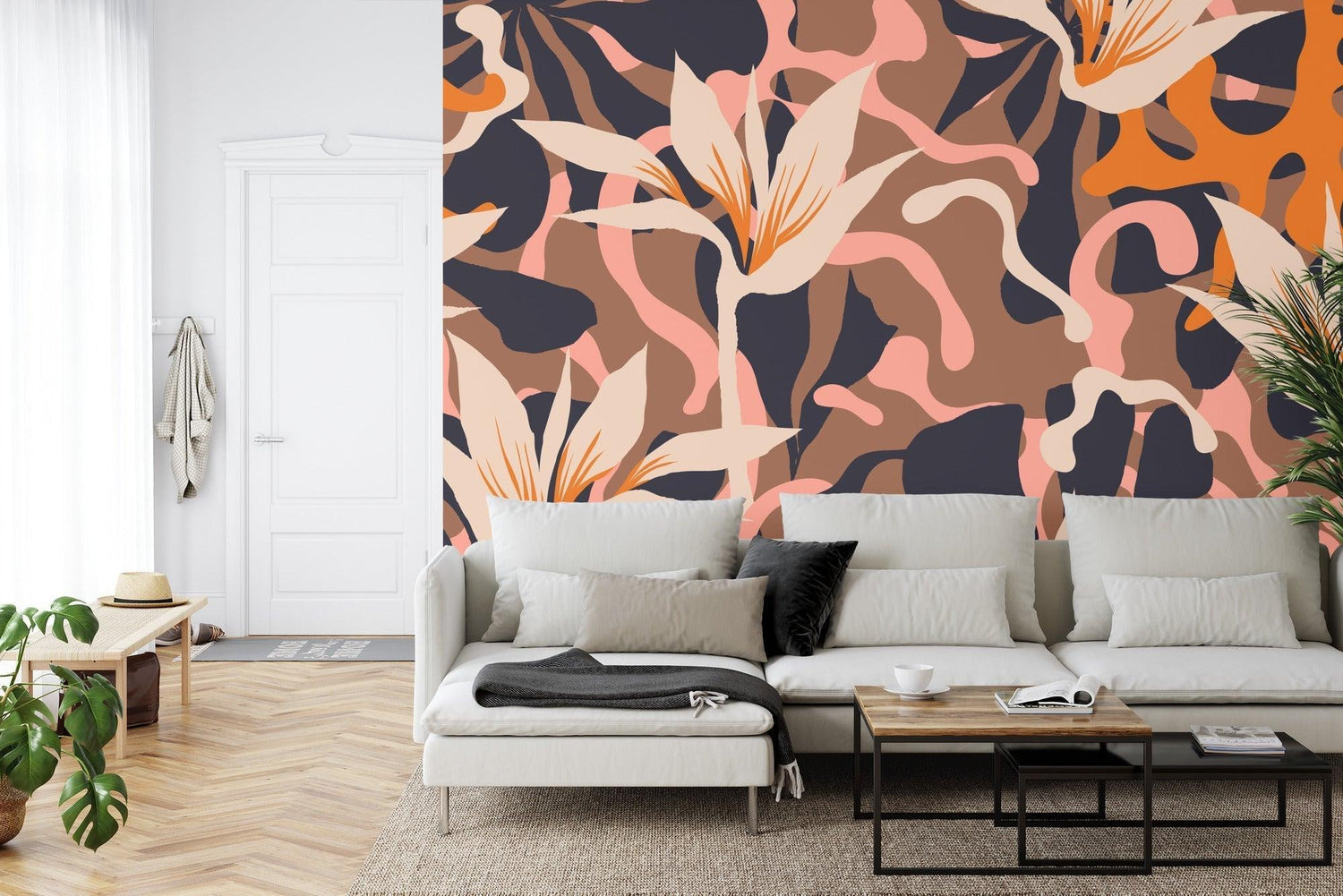 Abstract floral wall mural in contemporary dining room with natural light