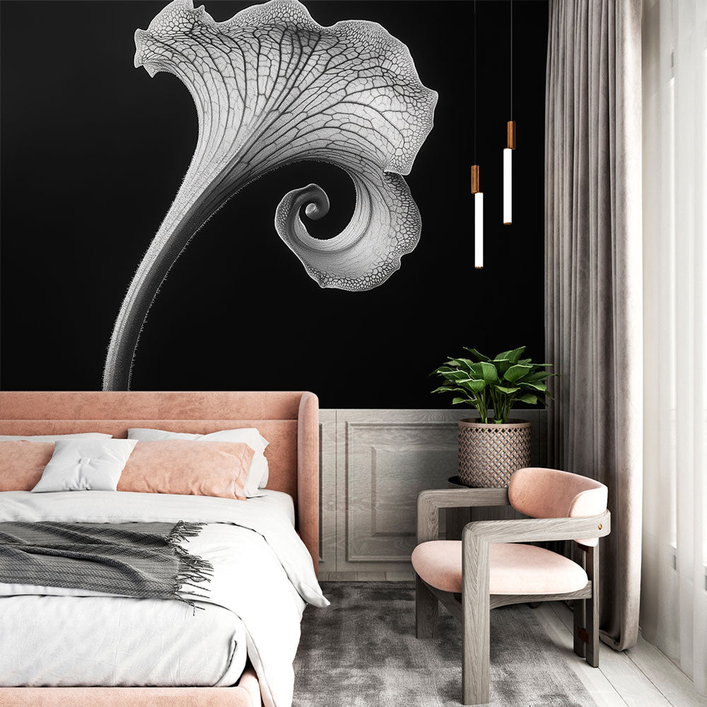 Black and white floral wallpaper creating drama in a modern living room, spiral pattern adding depth to white walls