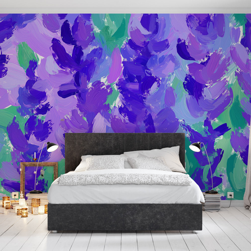 Abstract floral wallpaper with purple and green brush strokes creating a stunning feature wall in a modern living room