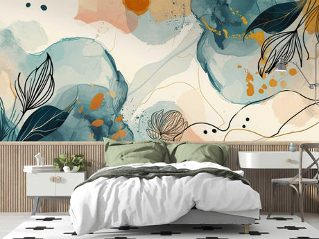 Modern living room with Abstract Floral Wallpaper in blue and gold tones, creating an elegant atmosphere