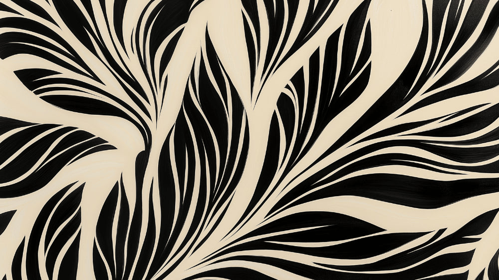 Modern Abstract Leaf Wallpaper creating dramatic impact in a minimalist living room with black and beige botanical pattern