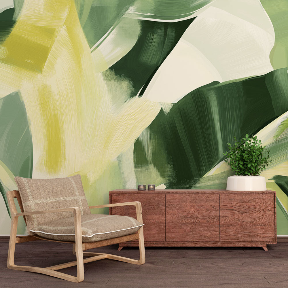 Modern Abstract Foliage Wallpaper in a bright contemporary living room showing yellow and green artistic leaf pattern