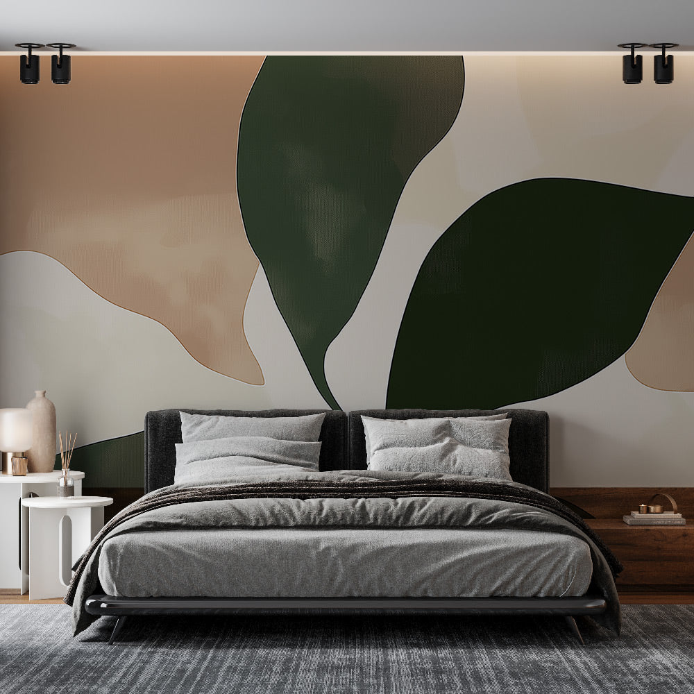 Modern green leaf wallpaper mural in a bright living room, creating a fresh and peaceful atmosphere with abstract foliage design