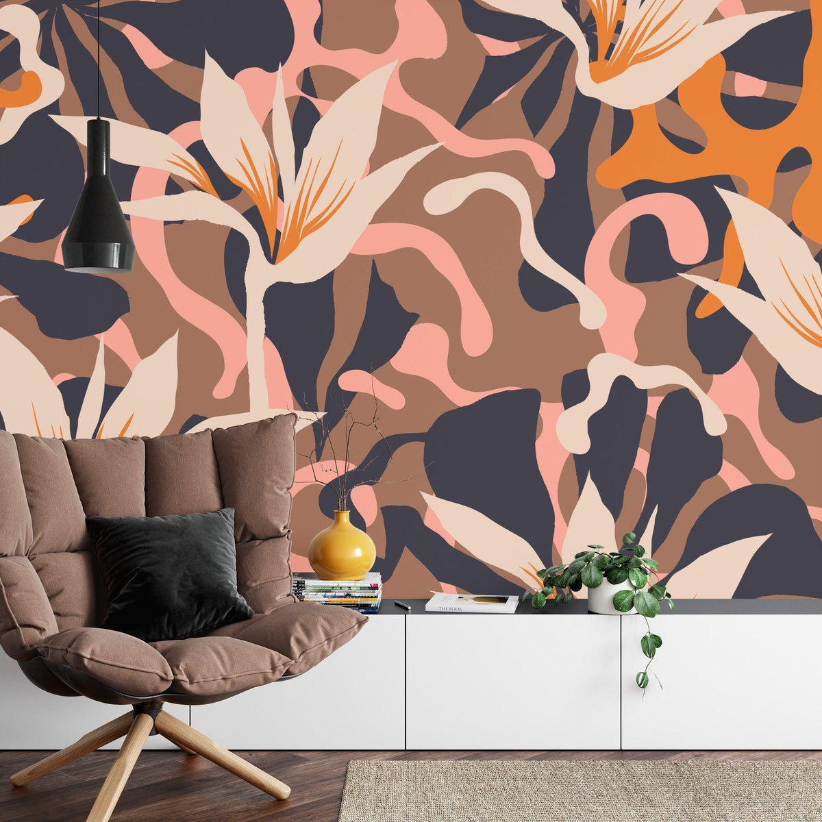 Abstract Floral Mural Wallpaper | Modern Orange and Pink Design