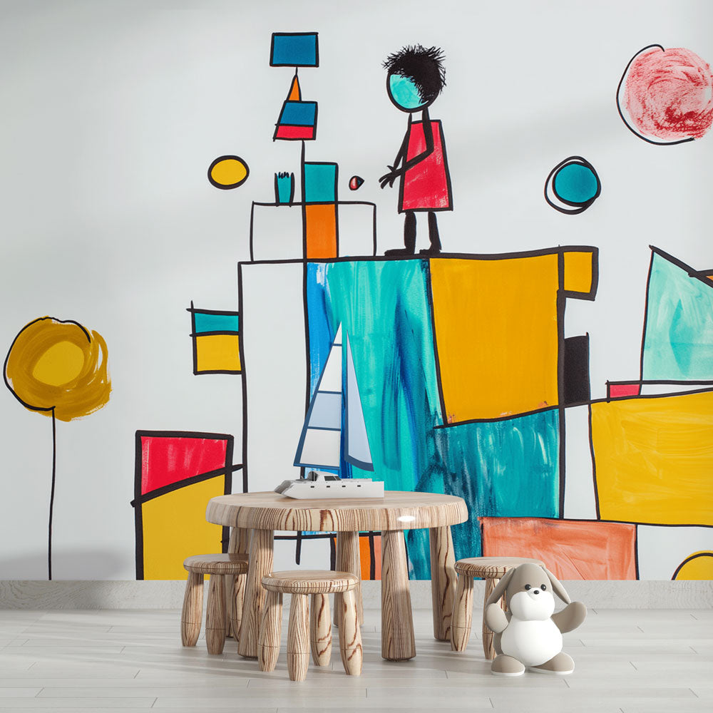 Modern geometric castle wallpaper bringing life to a bright kids bedroom, featuring playful shapes and bold colors