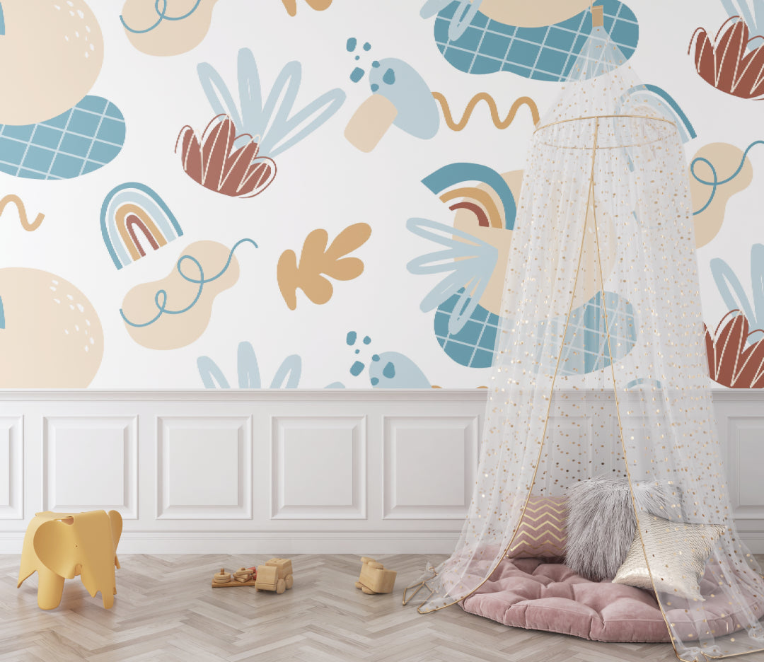 Abstract kids wall mural bringing color to a minimal playroom with wooden toys