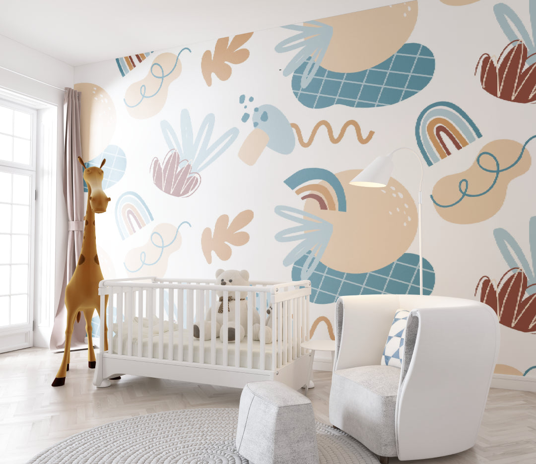 Modern abstract wallpaper in a toddler bedroom with contemporary furniture