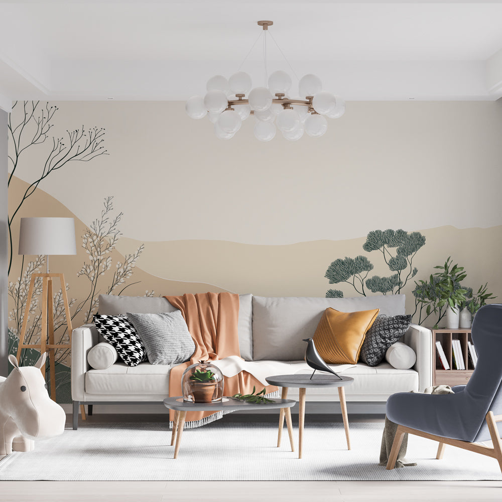 Minimalist landscape wallpaper creating depth in a modern living room with clean lines and natural light
