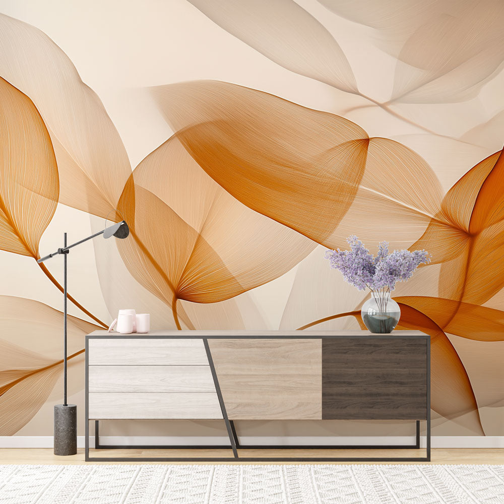 Abstract copper leaf wallpaper creating a warm glow in a modern living room with minimal furniture