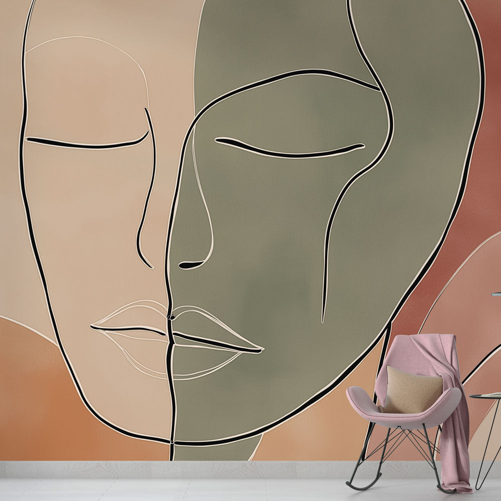 Modern abstract line art wallpaper creating a striking focal point in a minimal Scandinavian living room setting