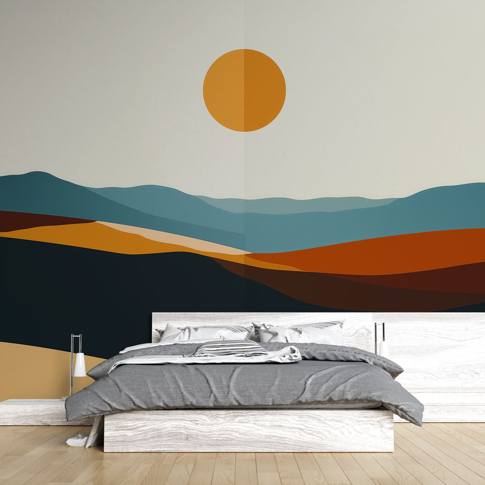 Modern living room featuring Abstract Mountain Wallpaper with minimalist sunset design creating a peaceful atmosphere