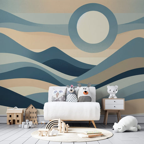 Modern abstract mountain wallpaper with waves and moon design styled in a minimalist living room with natural light