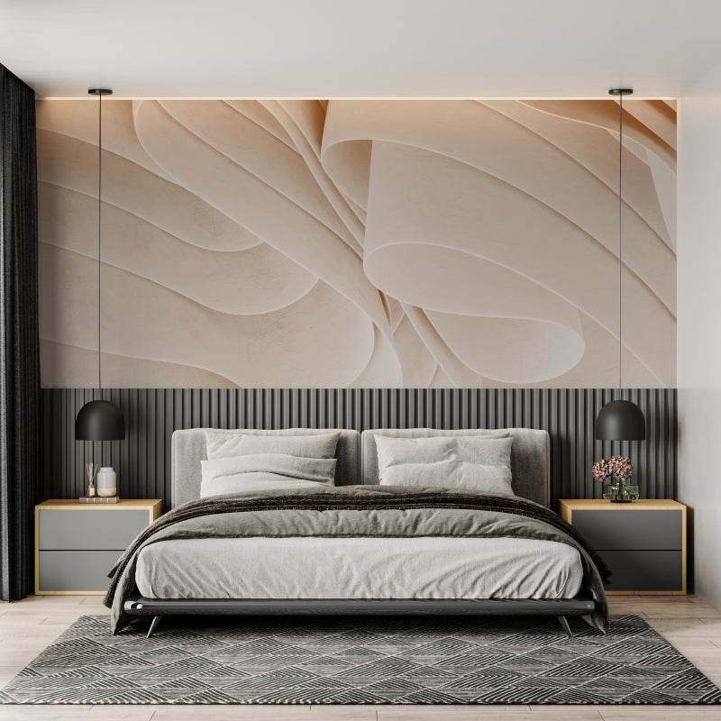 3D wave wallpaper creating depth in modern living room with grey sofa and natural light