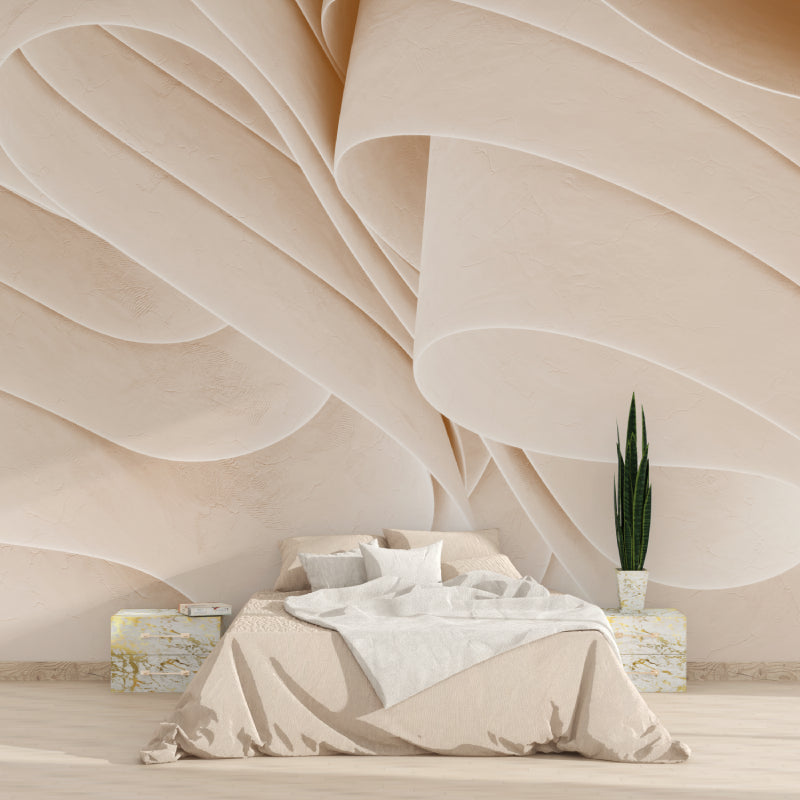 Beige abstract wave mural in minimalist bedroom setting with white furniture