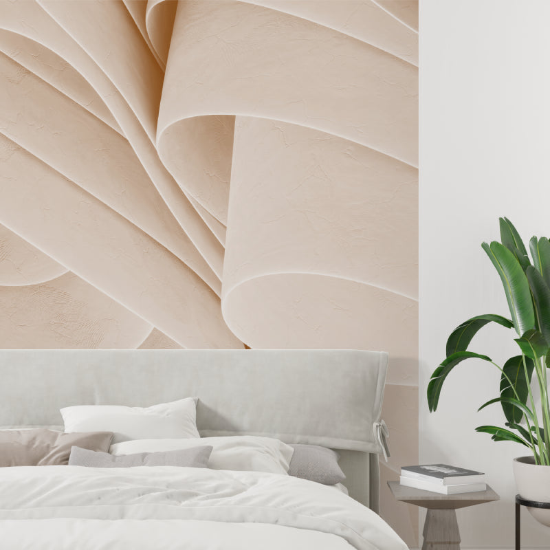 Flowing wave mural creating depth in home office with wooden desk