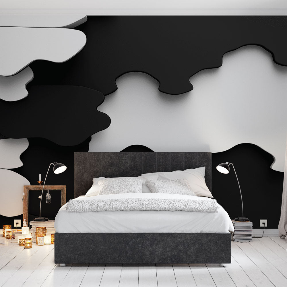 Modern living room with striking Black and White Abstract Mural Wallpaper creating dramatic 3D effect on feature wall