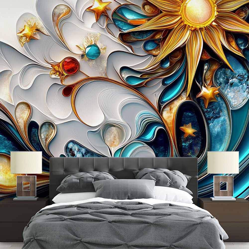 Modern living room featuring 3D Abstract Celestial Wallpaper with gold and turquoise swirls creating a stunning focal wall