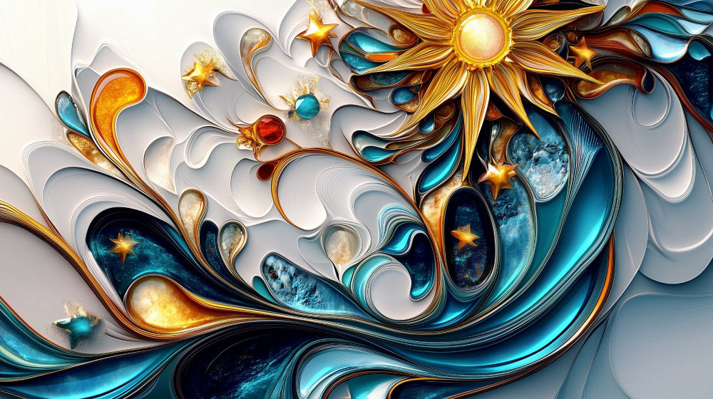 3D Celestial Abstract Wallpaper design file showing detailed gold and turquoise pattern with flowing curves