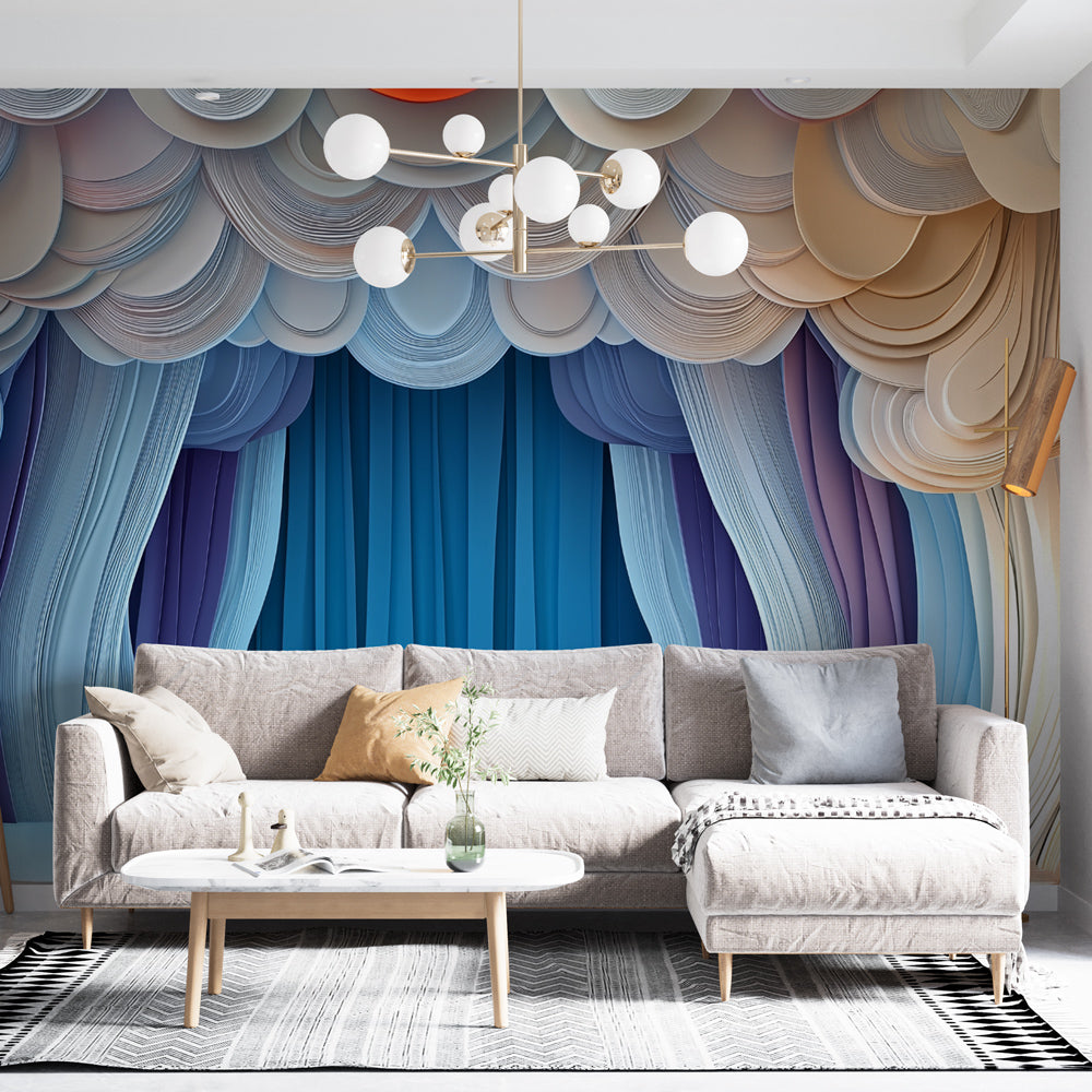 Abstract blue and gold curved lines wallpaper creating depth in a modern living room with minimal furniture