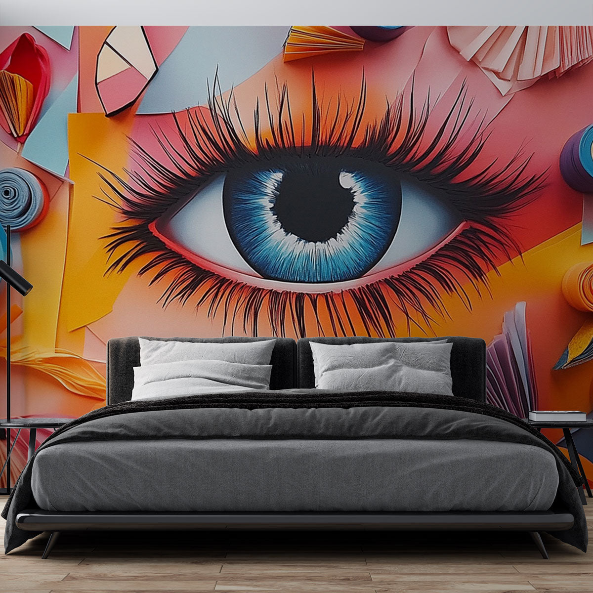 Modern abstract eye wallpaper creating a bold statement in a minimalist living room with white furniture