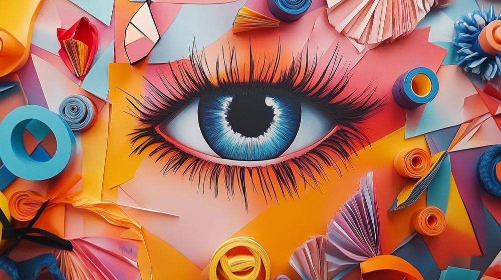 Abstract eye wallpaper design file featuring 3D paper art elements and geometric patterns